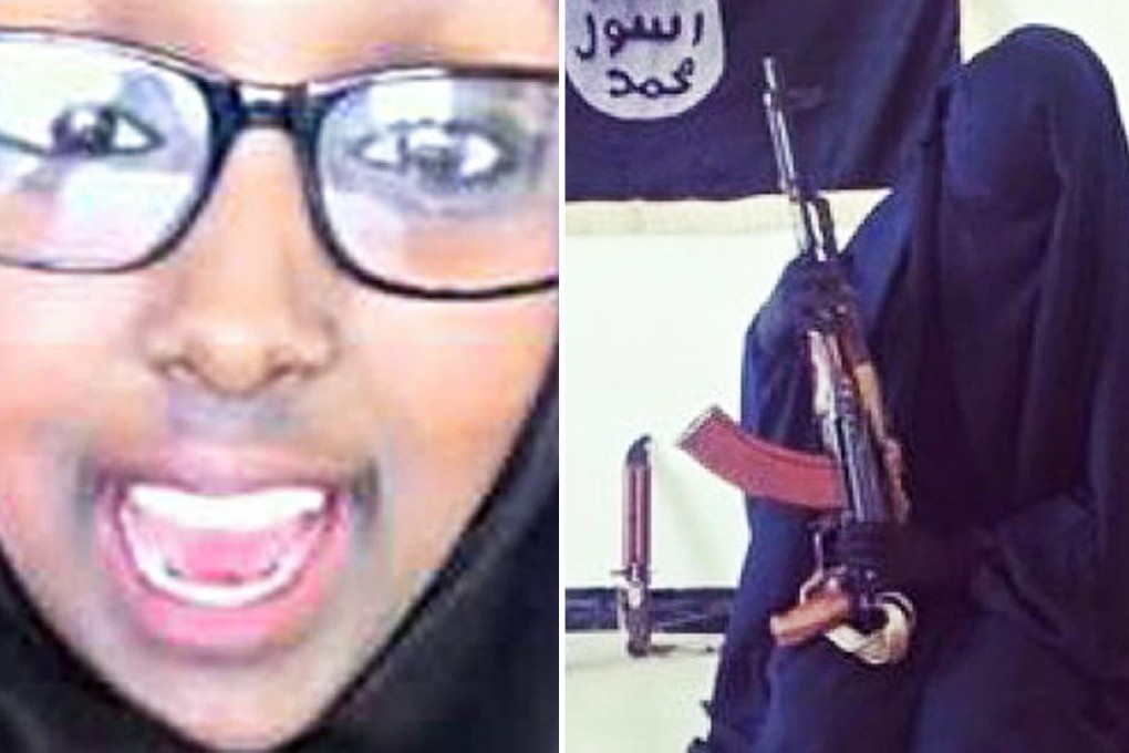Zahra Halane, 16, poses with an AK-47, an IS flag, knife and grenade. She and her twin sister left their home in Manchester, England, and are said to be married to IS fighters in Syria. Photo: SCMP