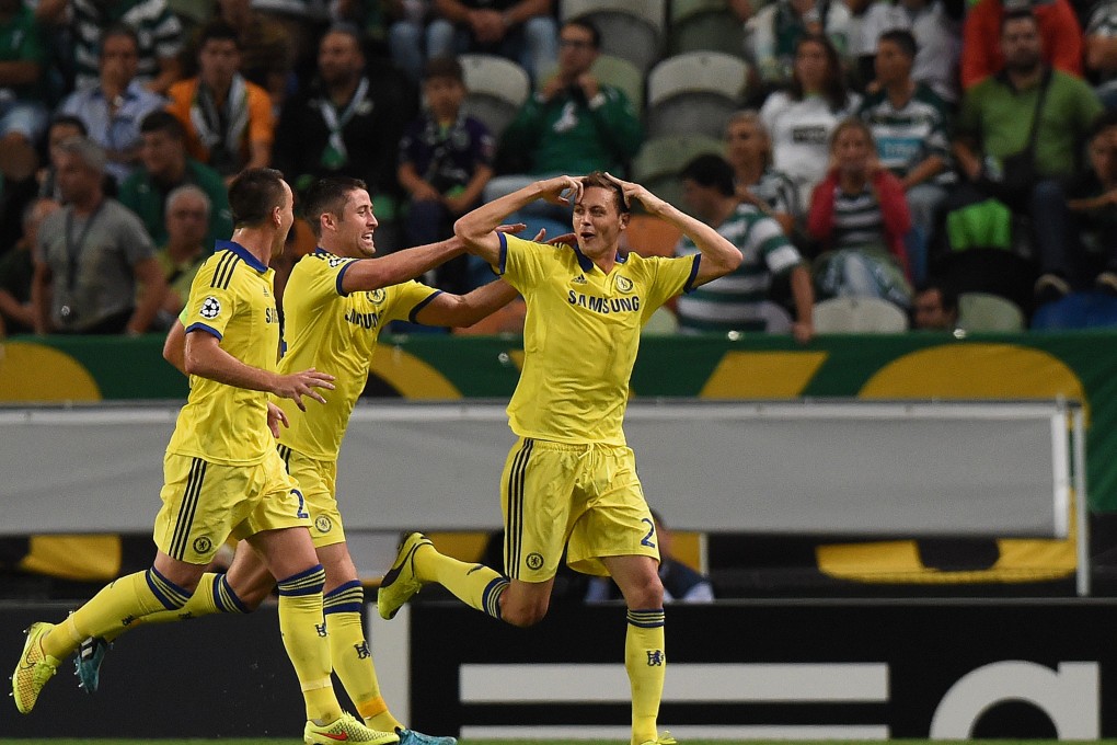 Chelsea midfielder Nemanja Matic celebrates after scoring the winning goal against Sporting at Alvalade XXI stadium in Lisbon. Photo: AFP