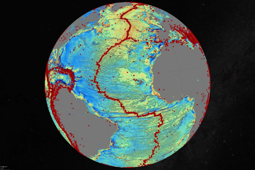 A gravity model of the North Atlantic; the red dots show the locations of earthquakes of 5.5 magnitude or more. Photo: Reuters