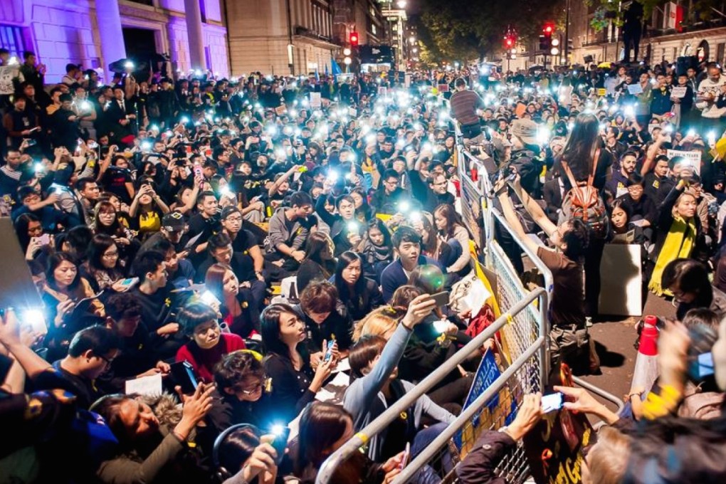 Demonstrators attend a rally in London in support of ongoing pro-democracy protests in Hong Kong. Photo: Suki Mok