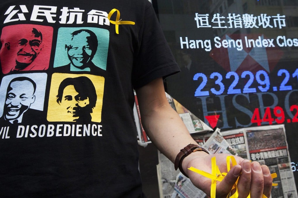 The benchmark Hang Seng index had fallen a combined 3.2 per cent on Monday and Tuesday in the wake of the pro-democracy protests that erupted over the weekend. Photo: EPA