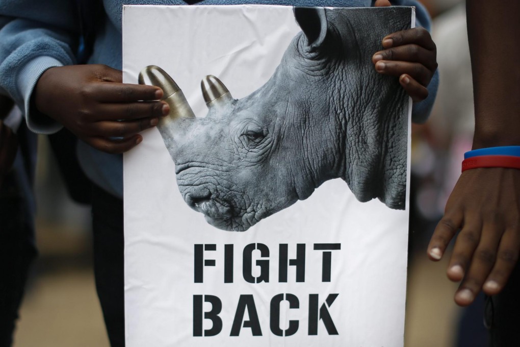 A rhino poster displayed at the Kenyan leg of the march. Photo: EPA