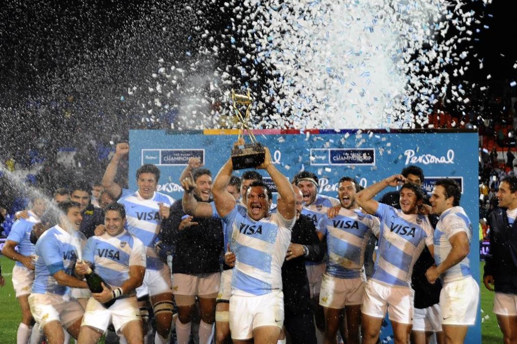 Argentina’s players celebrate after defeating Australia 21-17 on Saturday to win their first Rugby Championship test since joining the southern hemisphere competition in 2012. Photos: AFP
