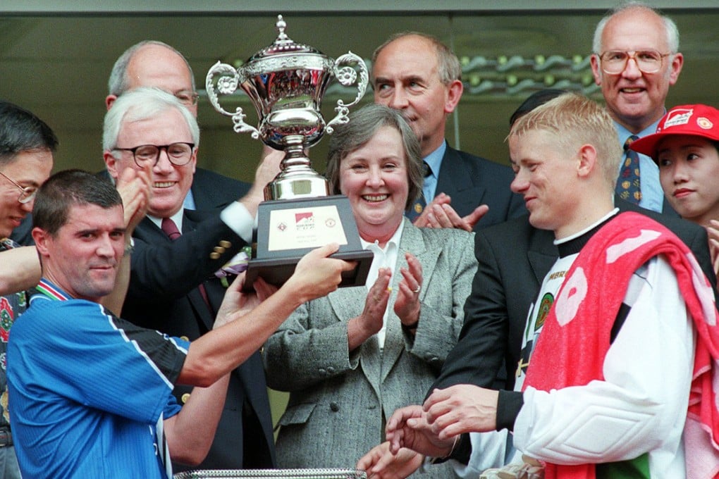 Roy Keane and Peter Schmeichel after United's win over South China in 1997. Photo: SCMP