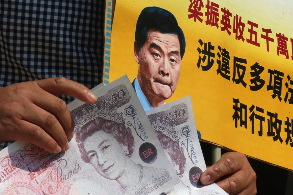 Protesters demand that Leung be investigated over his dealings with Australian firm UGL. NeoDemocrat lawmakers have filed a complaint with the Independent Commission Against Corruption. Photo: David Wong
