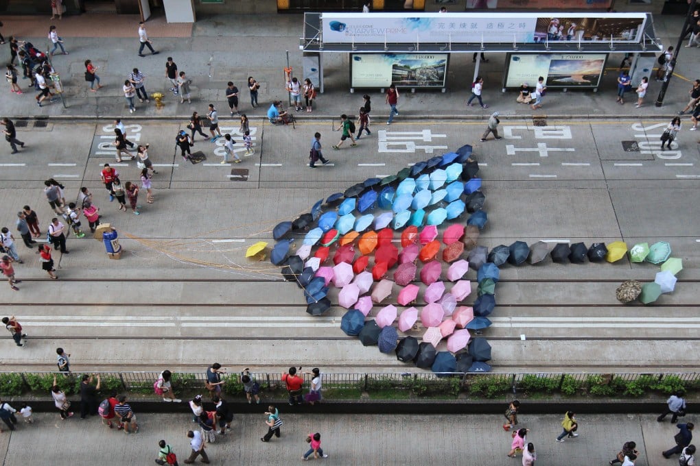 Artwork featuring umbrellas at the Occupy Central protest site in Causeway Bay yesterday. Photo: Martin Chan