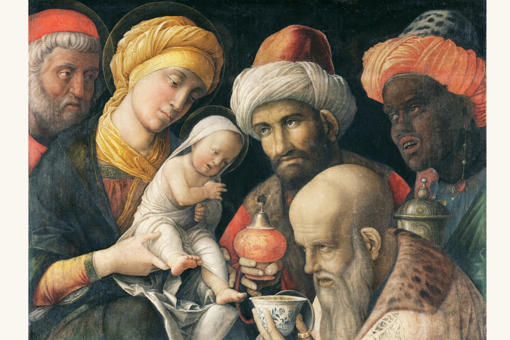 The Adoration of the Magi, by Andrea Mantegna, shows one of the three wise men presenting a Chinese porcelain cup to the infant Jesus.