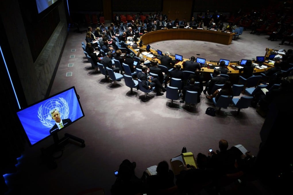 UN Ebola mission chief Anthony Banbury (on screen) speaks to members of the Security Council during a meeting on the crisis in New York. Photo: Reuters