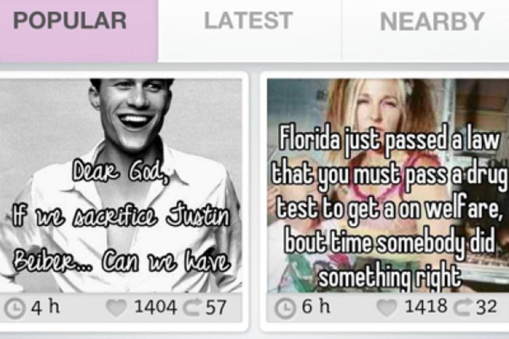 The US version of Whisper enables people to publish short messages superimposed over photographs or other images.