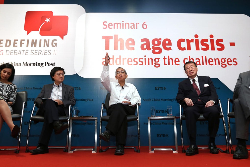 From Left: Shalini Mahtani, Franklin Lam, Joseph Wong, Nelson Chow and Wim Hekstra on stage at the Redefining Hong Kong Debate Series, where Wong and Chow squared off over pensions. Photo: Nora Tam