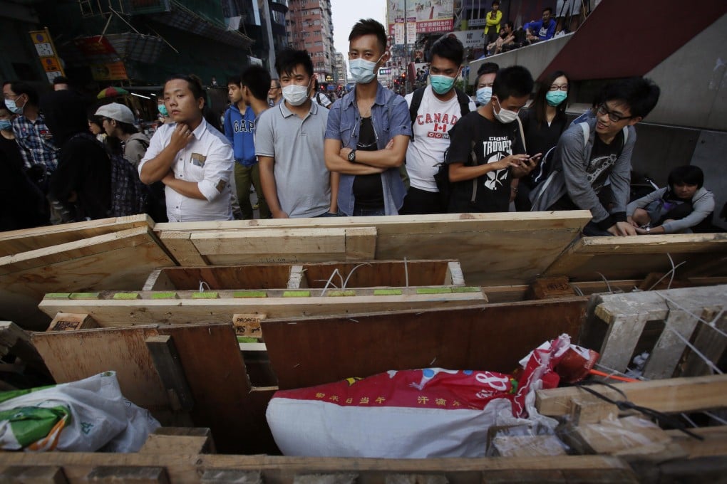 Protesters guard new barricades in Mong Kok. Photo: AP