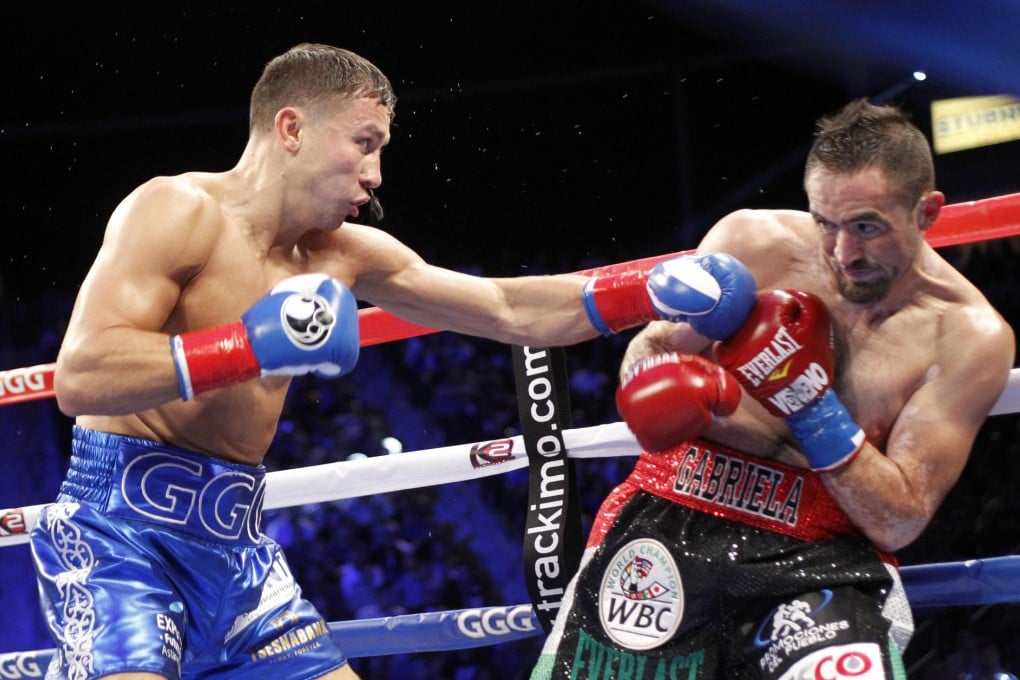 Gennady Golovkin throws a left jab at Marco Antonio Rubio during their WBC middleweight title bout in Carson, California. Photo: AP