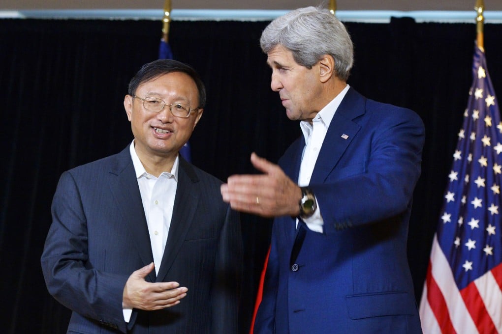 Chinese State Councillor Yang Jiechi (left) and U.S. Secretary of State John Kerry speak to reporters prior to a meeting in Boston, Massachusetts. Photo: Xinhua