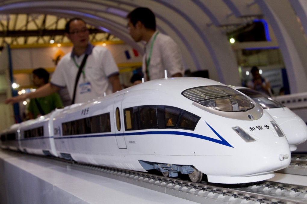 Models of high-speed trains designed by CNR on display. The company hopes to win a potential multibillion-dollar contract to supply the train service in California. Photo: AFP