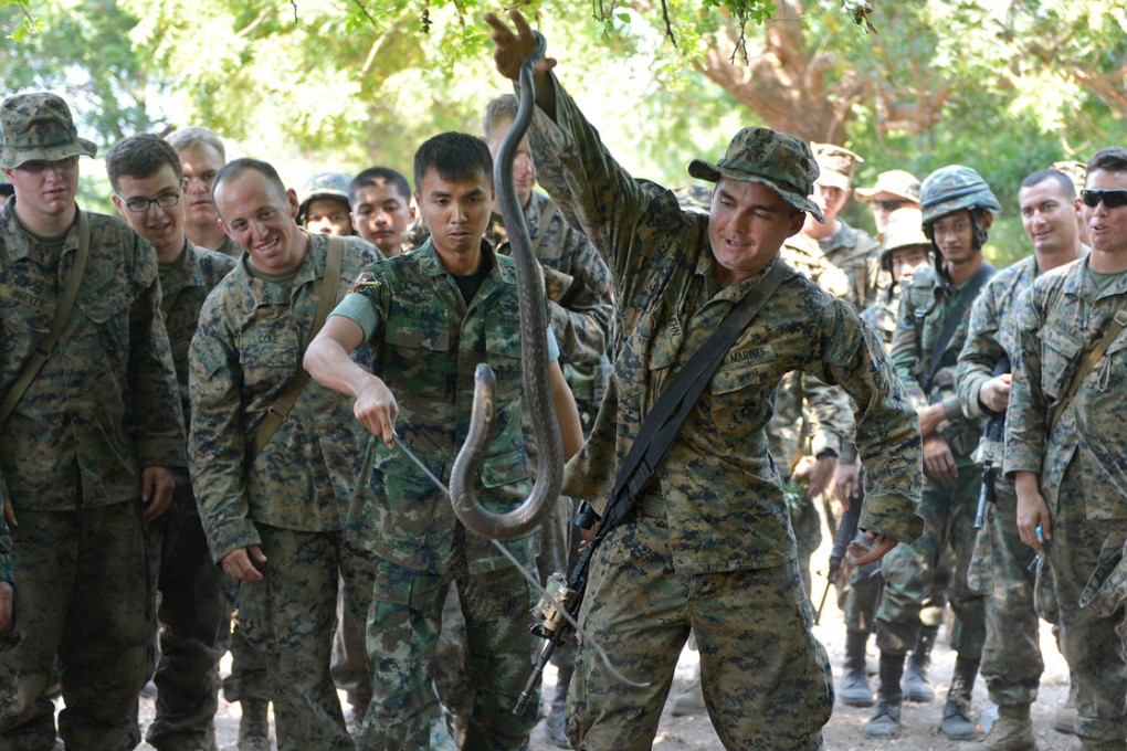 A US Marine holds a cobra during a jungle survival programme as part of the annual Cobra Gold combined military exercises in February 2013. Photo: AFP
