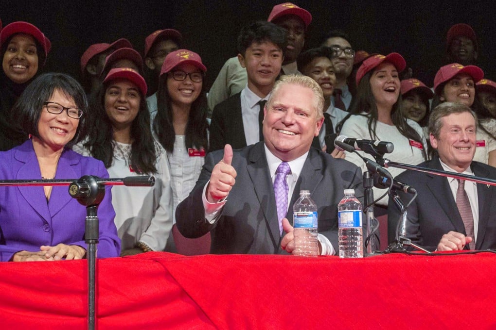 Toronto mayoral candidates Olivia Chow (left) Doug Ford (center) and John Tory (right) take part in a municipal debate for the upcoming city election. Photo: Reuters
