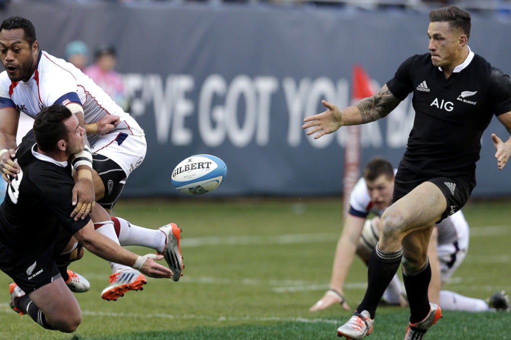New Zealand’s Ryan Crotty offloads to two-try centre Sonny Bill Williams as he is tackled by Andrew Suniula of the USA Eagles during their test match at Chicago’s Soldier Field on Saturday. Photo: AP