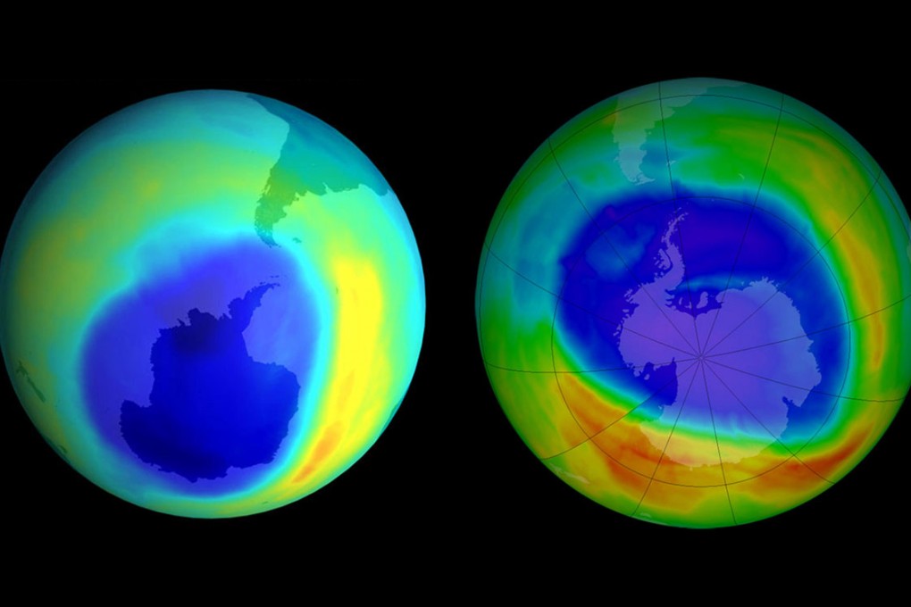 The hole in the ozone layer as pictured by Nasa in September 2000 (left) and in September 2014.