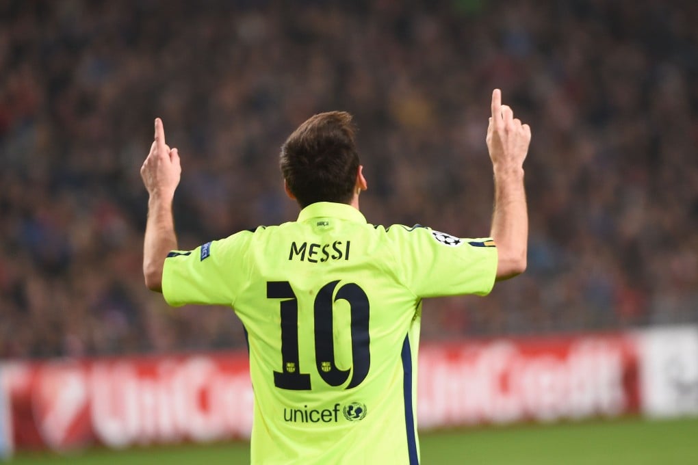 Lionel Messi celebrates his second, No.71 in the Champions League. Photo: AFP