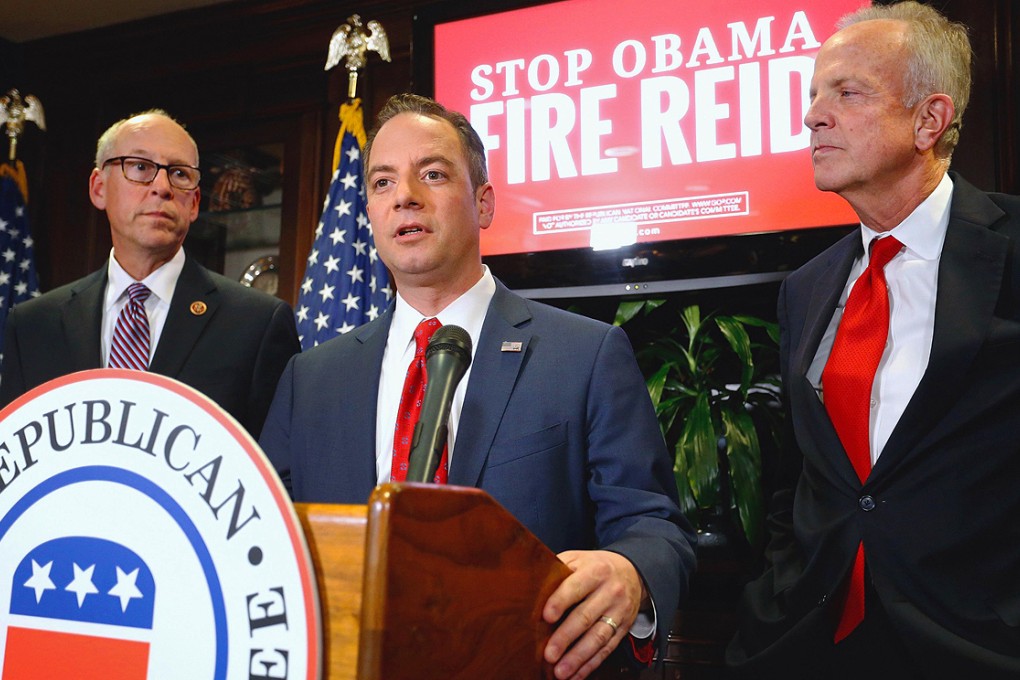 Republican National Committee chairman Reince Priebus (centre), National Republican Congressional Committee chairman Greg Walden (left) and National Republican Senatorial Committee chairman Jerry Moran (right) at a news conference at RNC headquarters on Capitol Hill. Photo: Reuters