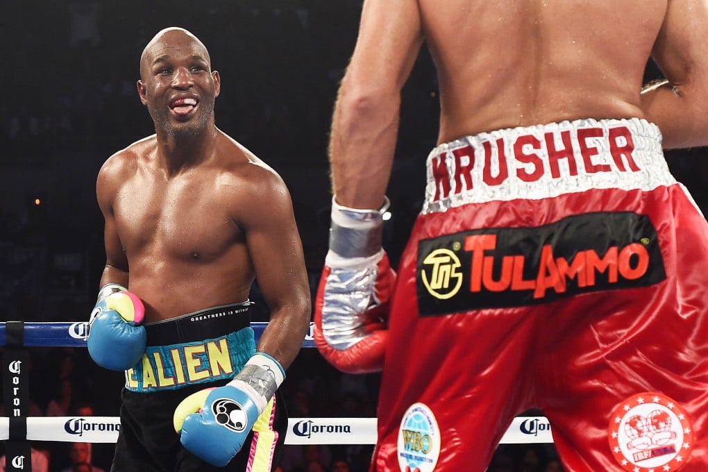 Bernard Hopkins reacts after being punched by Sergey Kovalev in their bout in Atlantic City. Photo: AFP