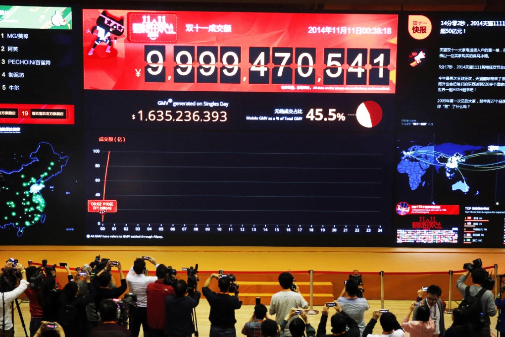 Screen in Hangzhou shows sales volume of Tmall as Alibaba led the charge in China's busiest online shopping day. Photo: Reuters