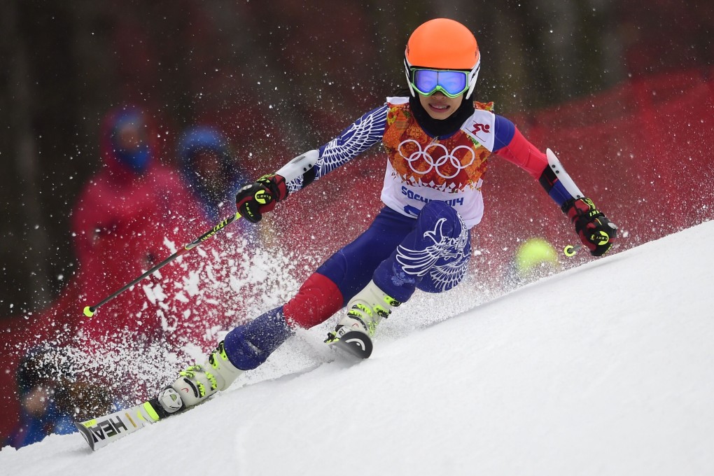 Vanessa-Mae competing for Thailand in the giant slalom at the Sochi Winter Olympics. She finished last in the field. Photo: AFP
