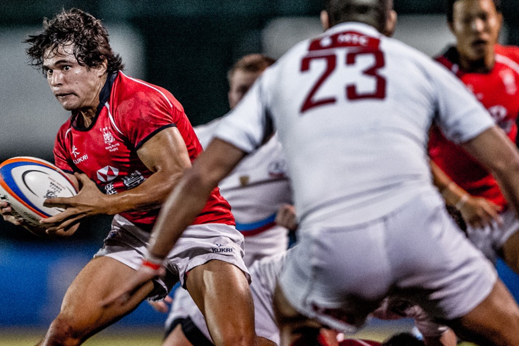 Hong Kong winger Rowan Varty looks for a way past Russia’s defence during the first match of their two-test series. The two teams meet against on Saturday at HKFC. Photo: HKRFU