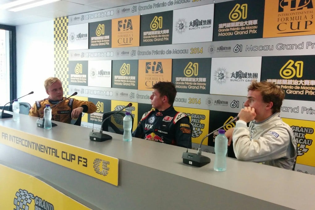 Felix Rosenqvist, Max Verstappen and Lucas Auer (l to r) discuss their performance before a news conference. Photo: James Porteous