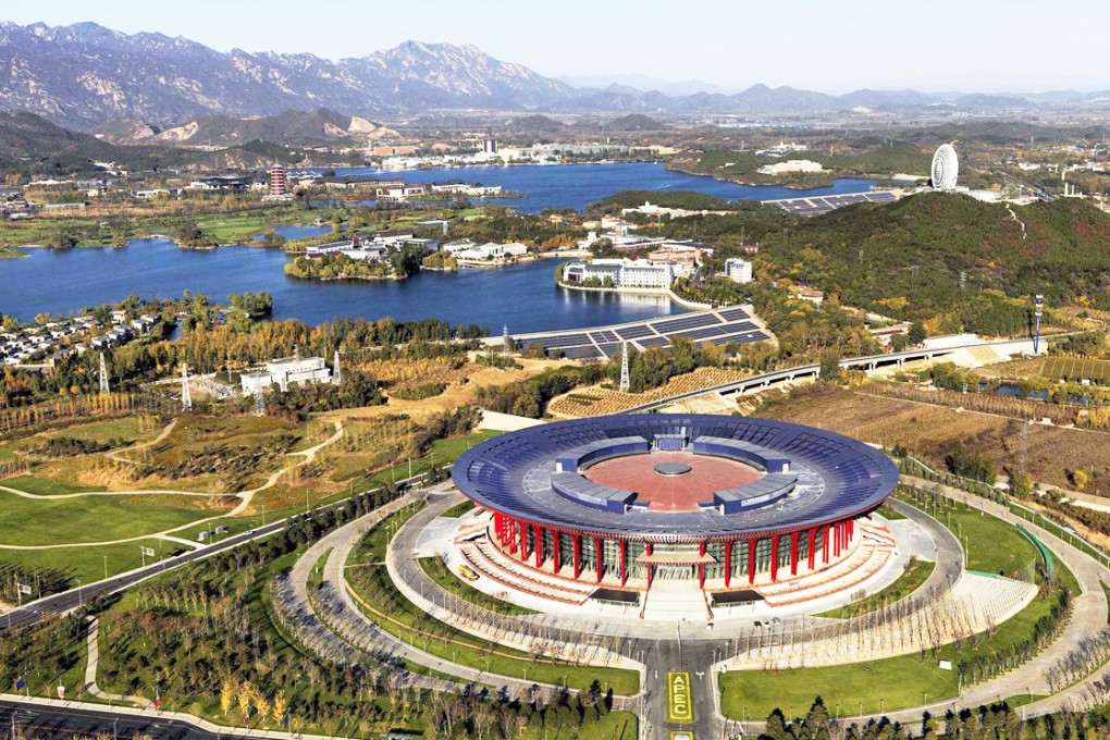 Rare blue skies above one of the Apec venues in Beijing. Photo: Xinhua