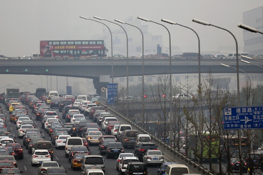 Heavy traffic clogs the roads in Beijing during rush hour on Wednesday morning beneath polluted skies. Photo: AP