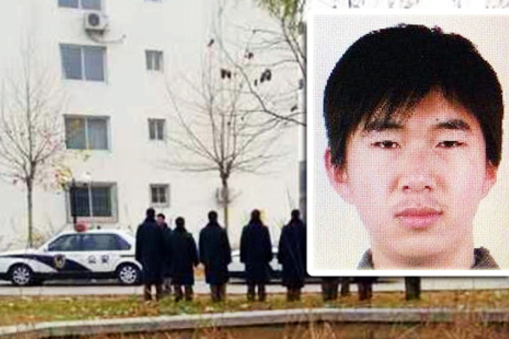 Police officers inspect at the hospital dormitory in Hebei. Li Xiaolong (inset), a worker in the hospital’s canteen, was arrested after the attack. Photos: Weibo, The Beijing News