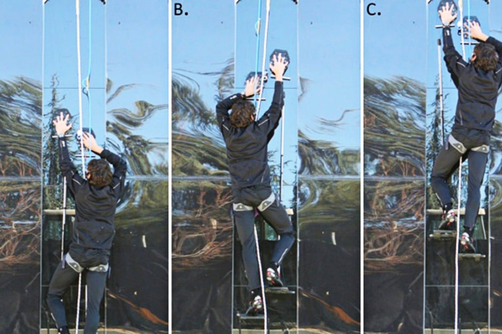 With the aid of a harness, hand-sized silicone pads support the weight of a foot rest, which is connected to a pole. Photo: SCMP