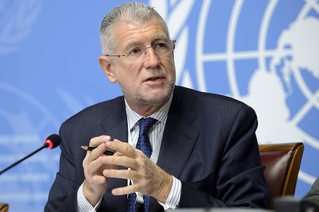 Gianni Magazzeni from the Office of the High Commissioner for Human Rights (OHCHR) speaks during a press conference about the Launch of the new OHCHR report on the human rights situation in Ukraine. Photo: EPA