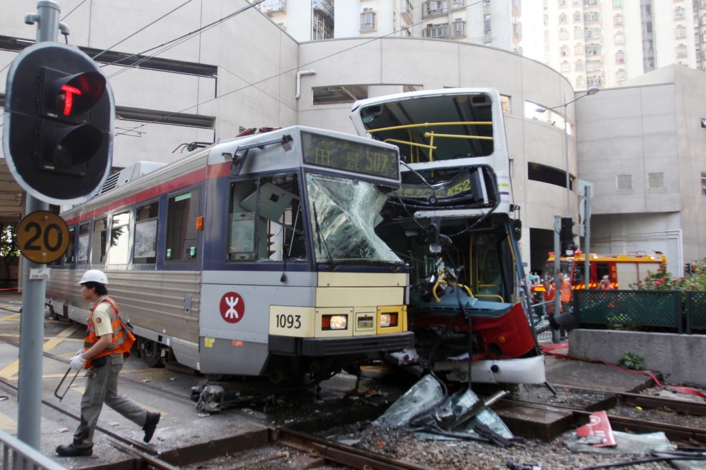 Nineteen people were taken to hospital after the light rail train and a double-decker bus were involved in a collision in Tuen Mun yesterday. Photo: SCMP pictures