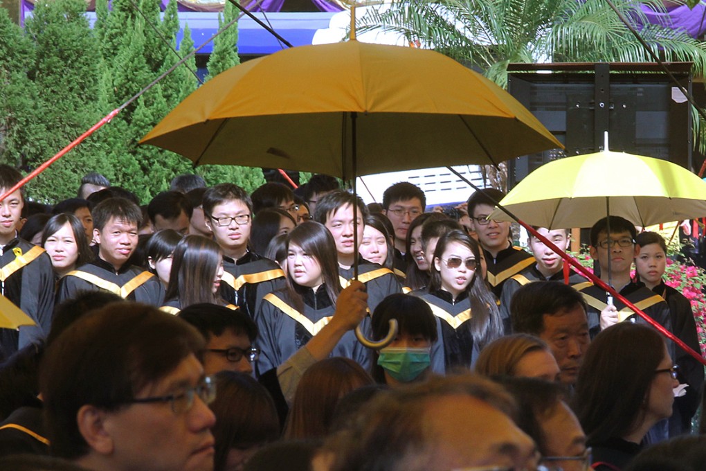 Graduates unfurl their umbrellas at the Chinese University of Hong Kong's 76th Congregation for the Conferment of Degrees.
