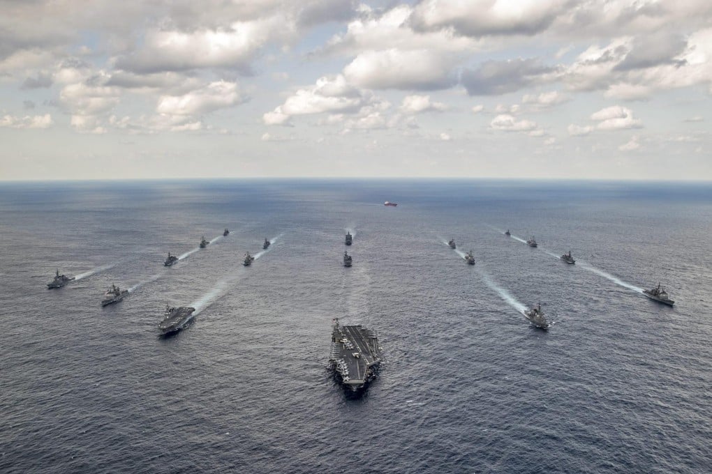 Japan and US ships in formation during the exercises involving 41,000 military personnel. Picture: EPA