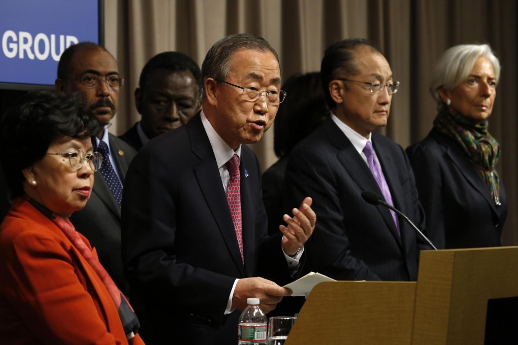 UN Secretary General Ban Ki-moon (centre) and WHO Director General Margaret Chan at a press briefing on Friday. Photo: AFP