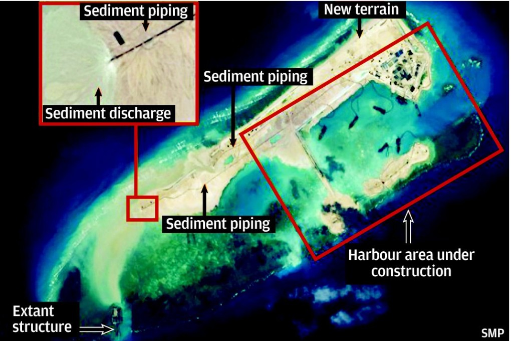 A satellite image showing China's construction on the Ferry Cross (Yongshu) Reef in Spratlys island.