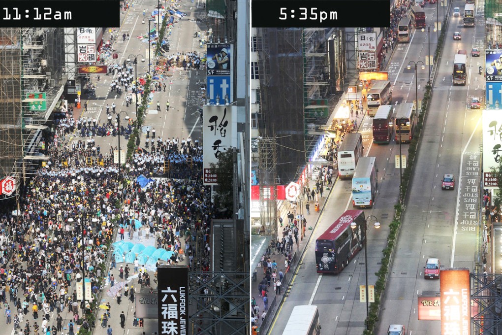 Left: Nathan Road is packed with protesters before the clearance action. Right: Traffic returns to normal by early evening. Photos: Sam Tsang