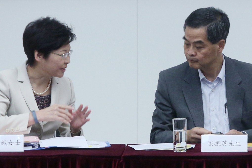Chief Secretary Carrie Lam Cheng Yuet-ngor (left) and Chief Executive Leung Chun-ying. Photo: Sam Tsang