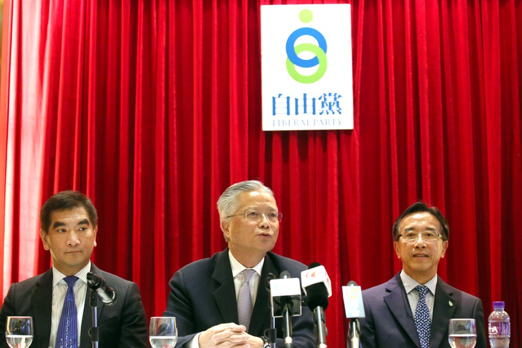 (From left) New Liberal Party chairman Felix Chung, new leader Vincent Fang and former leader James Tien. Photo: SCMP Pictures