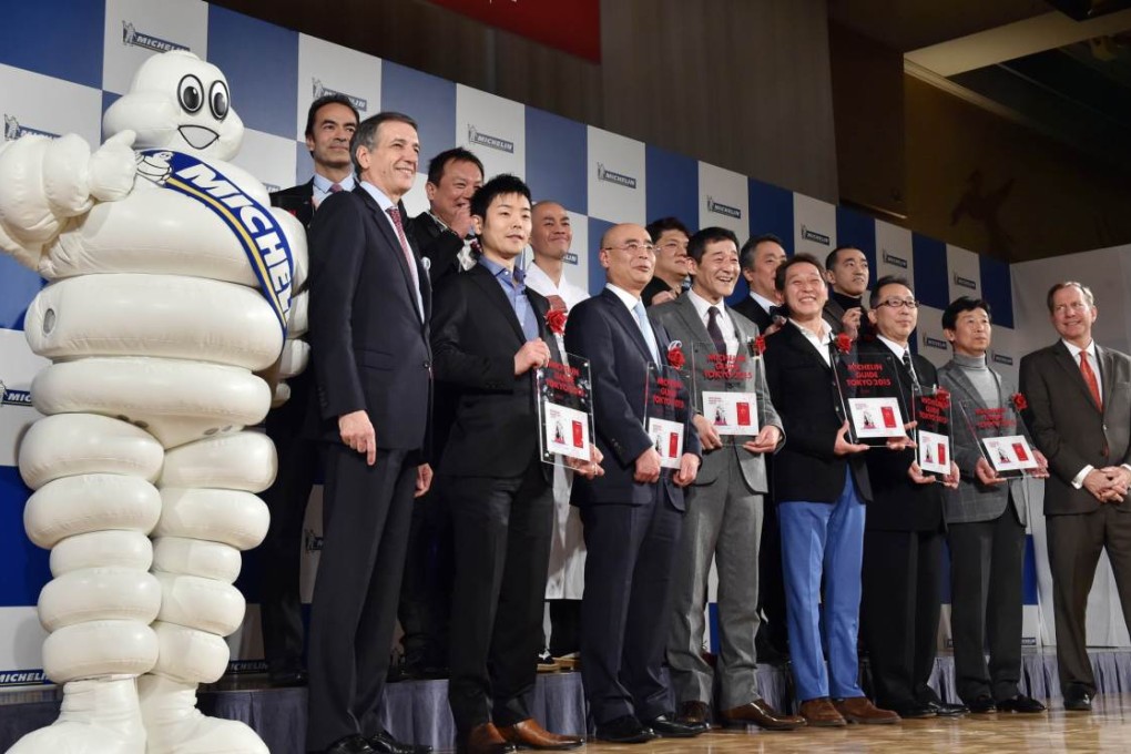 The heads of three-star restaurants selected by the new Michelin Guide Tokyo 2015 guidebook. Photo: AFP