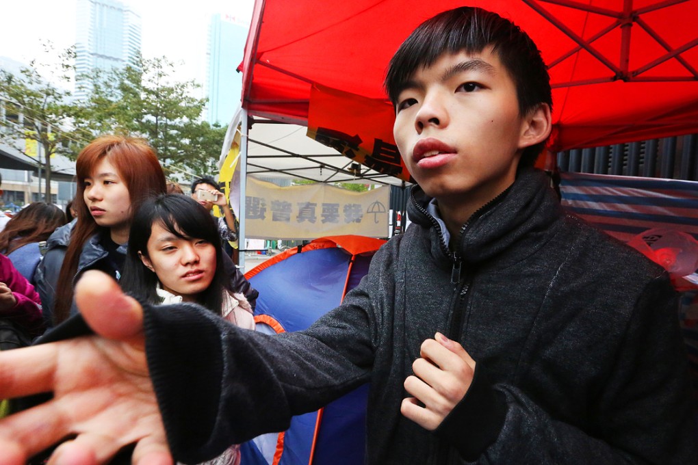 Baptist University's year one student Isabella Lo, form six student Prince Wong and leader of Scholarism Joshua Wong have pledged to continue their hunger strike. Photo: Felix Wong