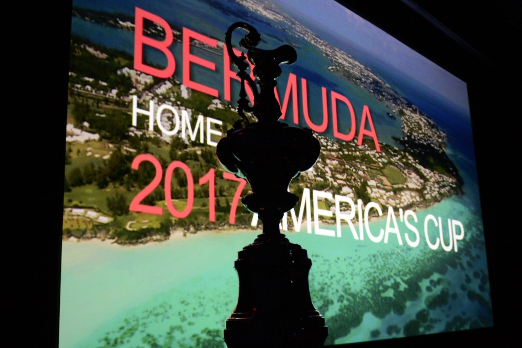 The America's Cup trophy sits in front of a video screen during a media conference in New York to announce Bermuda as the site of the 35th America's Cup. Photo: AFP