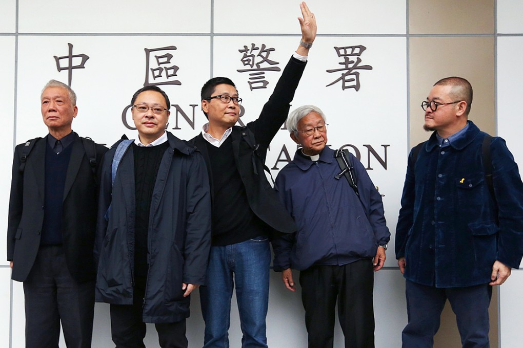 (From left) Occupy Central co-founders Chu Yiu-ming, Benny Tai, Chan Kin-man, Cardinal Joseph Zen and social worker Shiu Ka-chun turned themselves into the police. Photo: Sam Tsang
