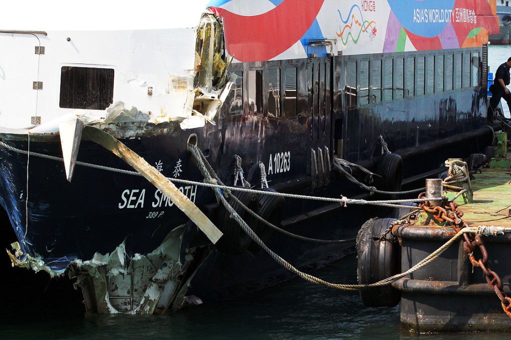 Damaged ferry Sea Smooth docks at New Yau Tei Typhoon Shelter after it collided with a pleasure boat killing at least 38 people. Photo: David Wong