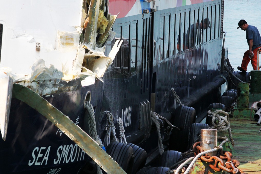 Damaged ferry Sea Smooth docks at New Yau Tei Typhoon Shelter. Photo: K.Y. Cheng