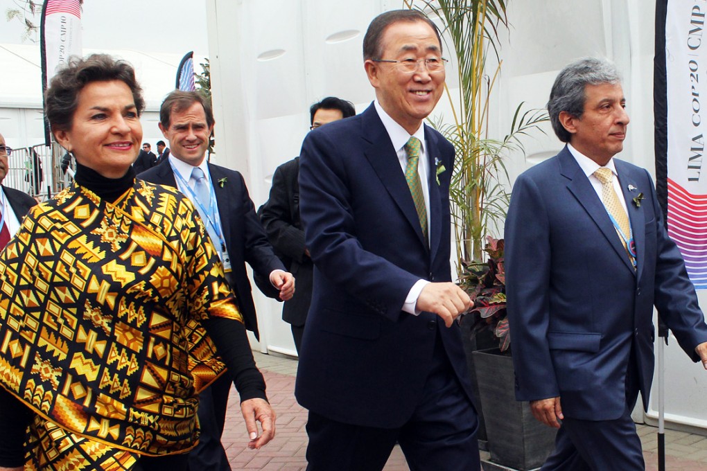 UN Secretary-General Ban Ki-moon arrives at the plenary room of the high-level segment of the United Nations Conference on Climate Change in Lima. Photo: Xinhua