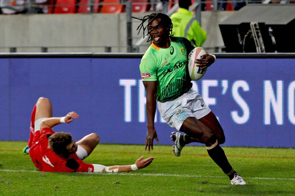 Springboks scoring machine Seabelo Senatla runs in one of the six tries he scored on day one in Port Elizabeth, including a hat-trick in this 36-0 romp over Wales. Photo: Martin Seras Lima/World Rugby